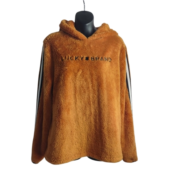 Lucky Brand Tops - Lucky Brand Womens Hooded Fleece Sherpa Pullover Stripes Sweatshirt Size Medium